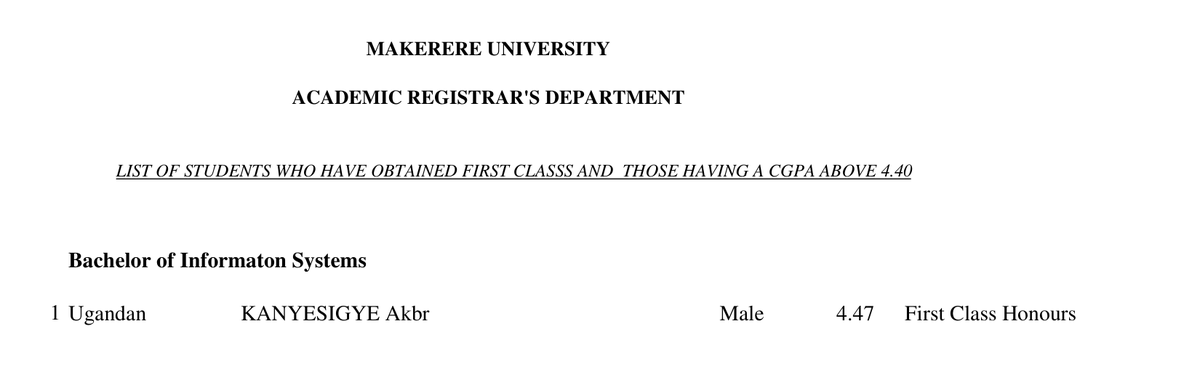 An excerpt from Makerere University's first-class list: under Bachelor of Information Systems, KANYESIGYE Akbr, 4.47, First Class Honours