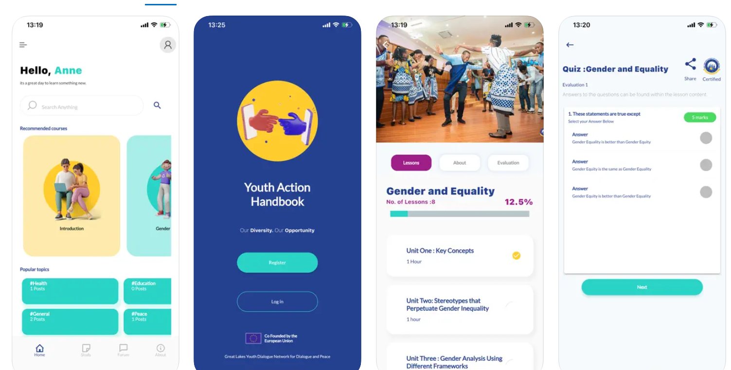 Four Youth Action Handbook app screens: home, sign in, a course, and a quiz